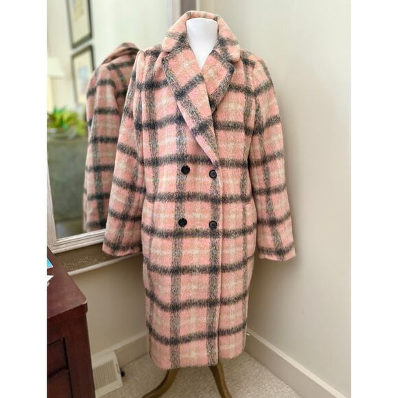 LOFT Wool Blend Coat Pink Gray Plaid Double Breasted Long Winter Overcoat XLT - Picture 2 of 10